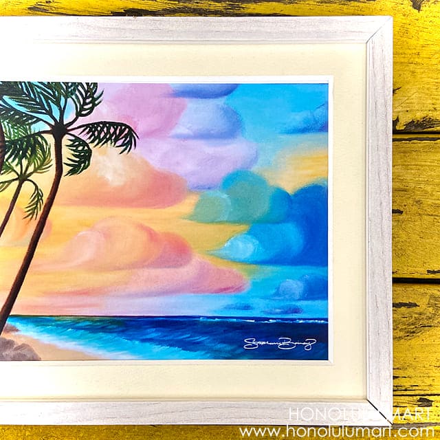 ヤシの木とかわいい綿あめ雲の海景色の絵 | ハワイアン雑貨通販 
