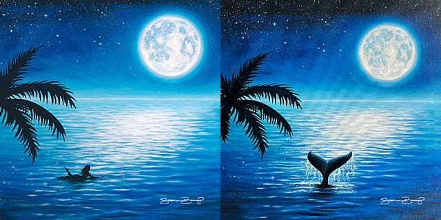 月と海のハワイの絵（サーフガールとクジラ）7