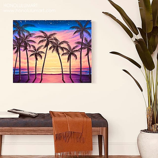 Alaula夕焼けビーチとヤシの木の絵（ハワイのステファニー・ボイナイ）