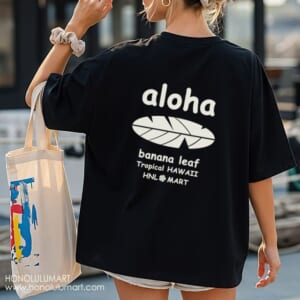 アロハ・バナナ葉柄バックプリント半袖Tシャツ黒2