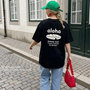 アロハ・バナナ葉柄バックプリント半袖Tシャツ黒4